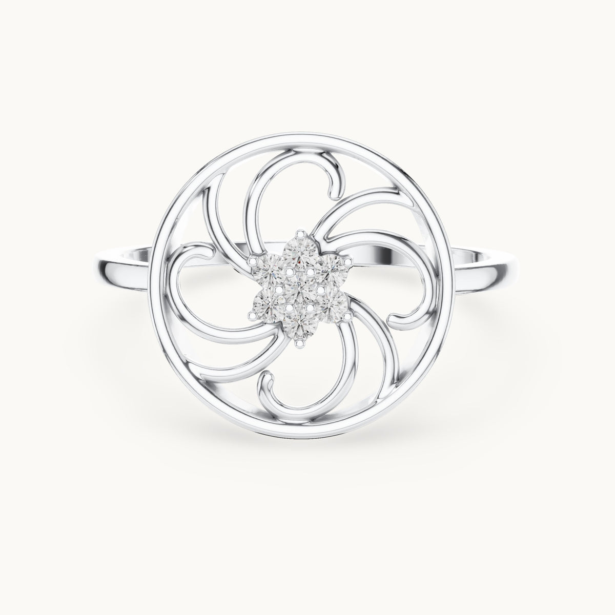Round lab-grown diamond pinwheel filigree flower ring in white gold, 0.072 CT TW, view 4