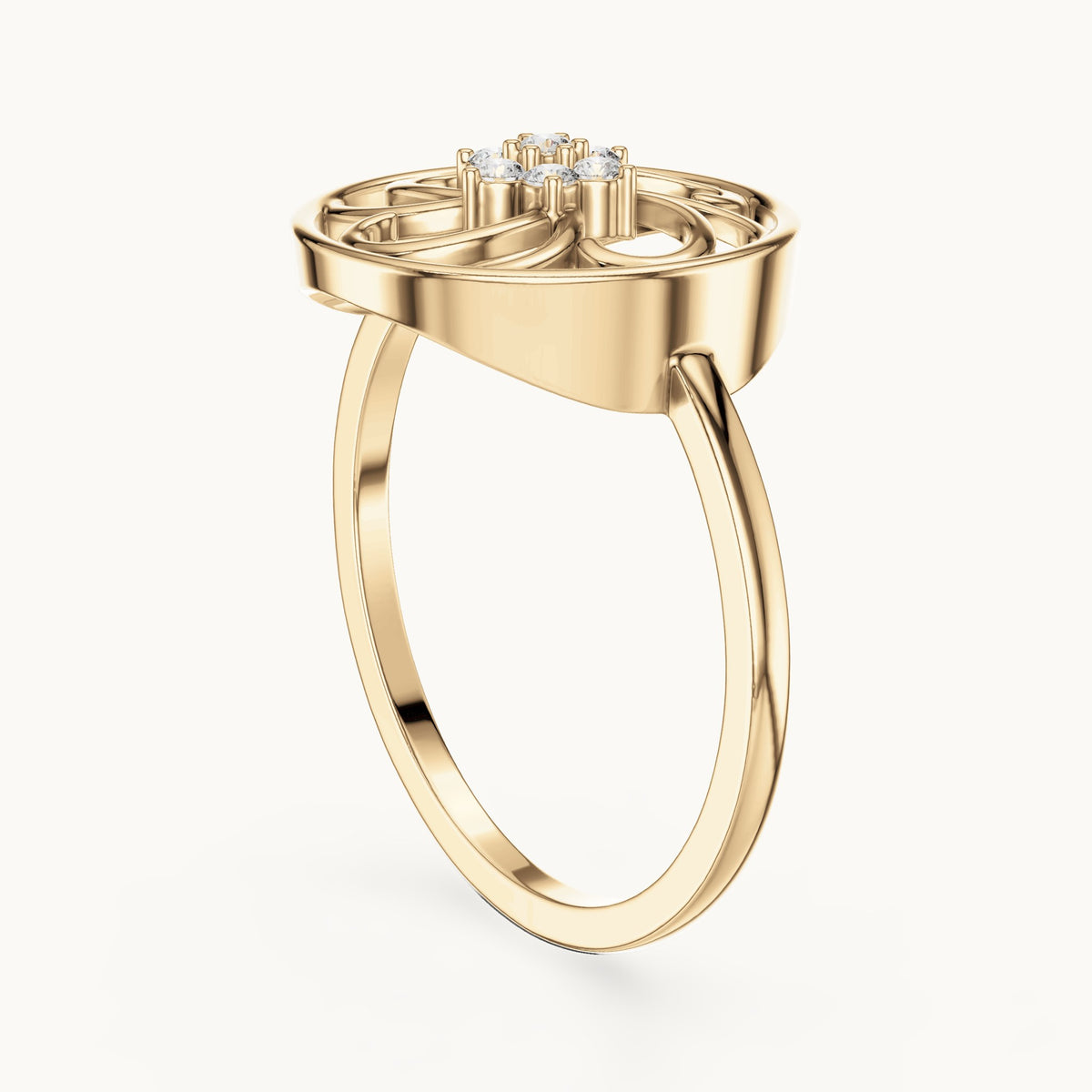 Round lab-grown diamond pinwheel filigree flower ring in yellow gold, 0.072 CT TW, view 1