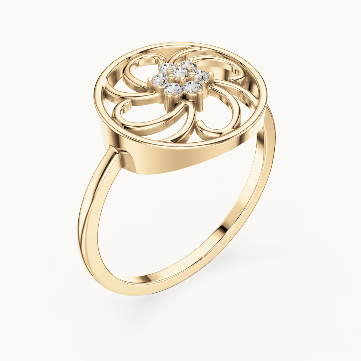 Round lab-grown diamond pinwheel filigree flower ring in yellow gold, 0.072 CT TW, view 2