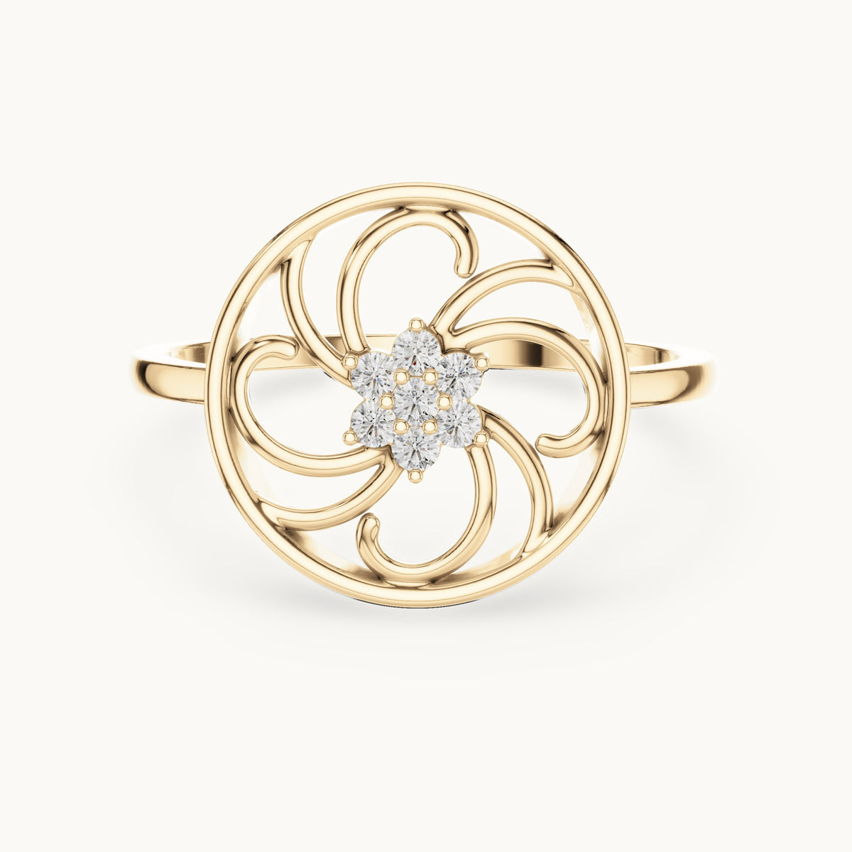 Round lab-grown diamond pinwheel filigree flower ring in yellow gold, 0.072 CT TW, view 4