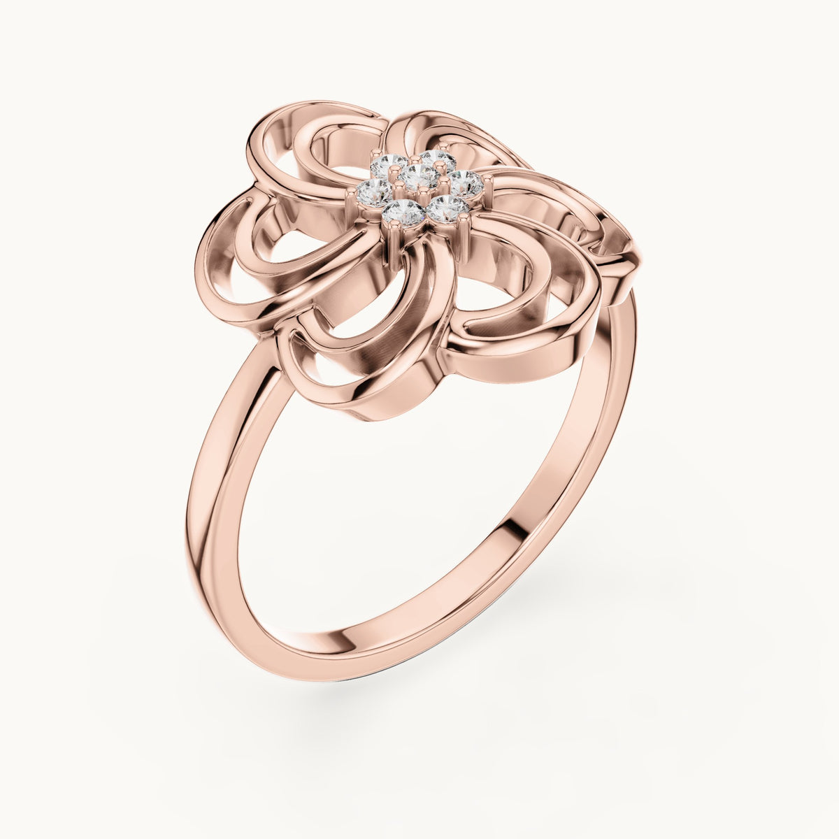 Round lab-grown diamond openwork blossom ring in rose gold, 0.072 CT TW, view 2