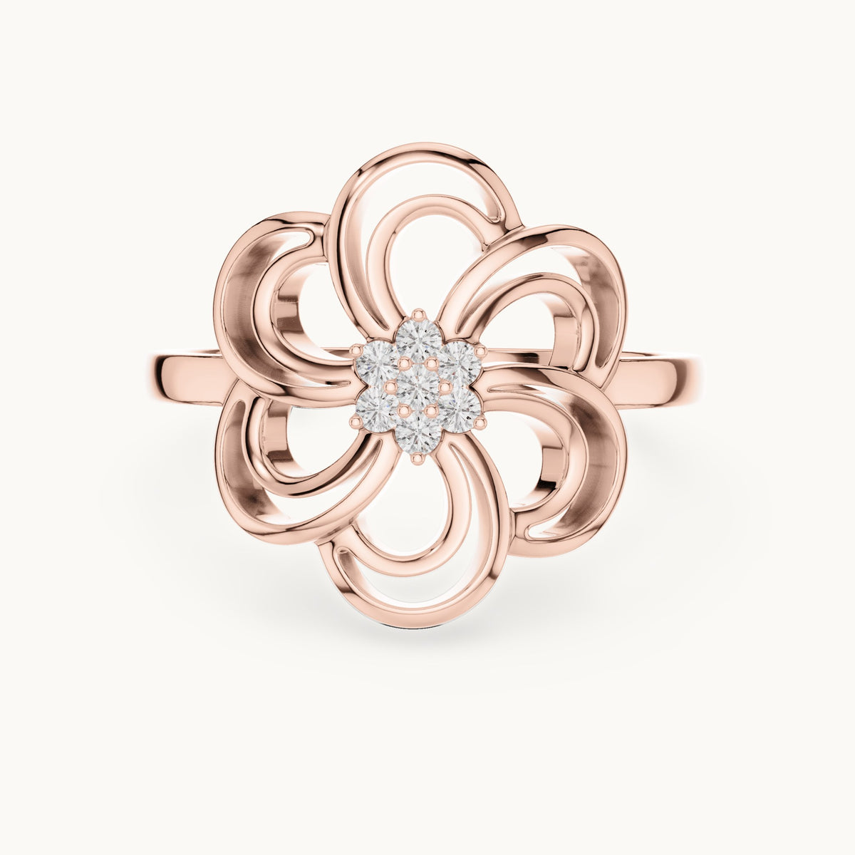 Round lab-grown diamond openwork blossom ring in rose gold, 0.072 CT TW, view 4