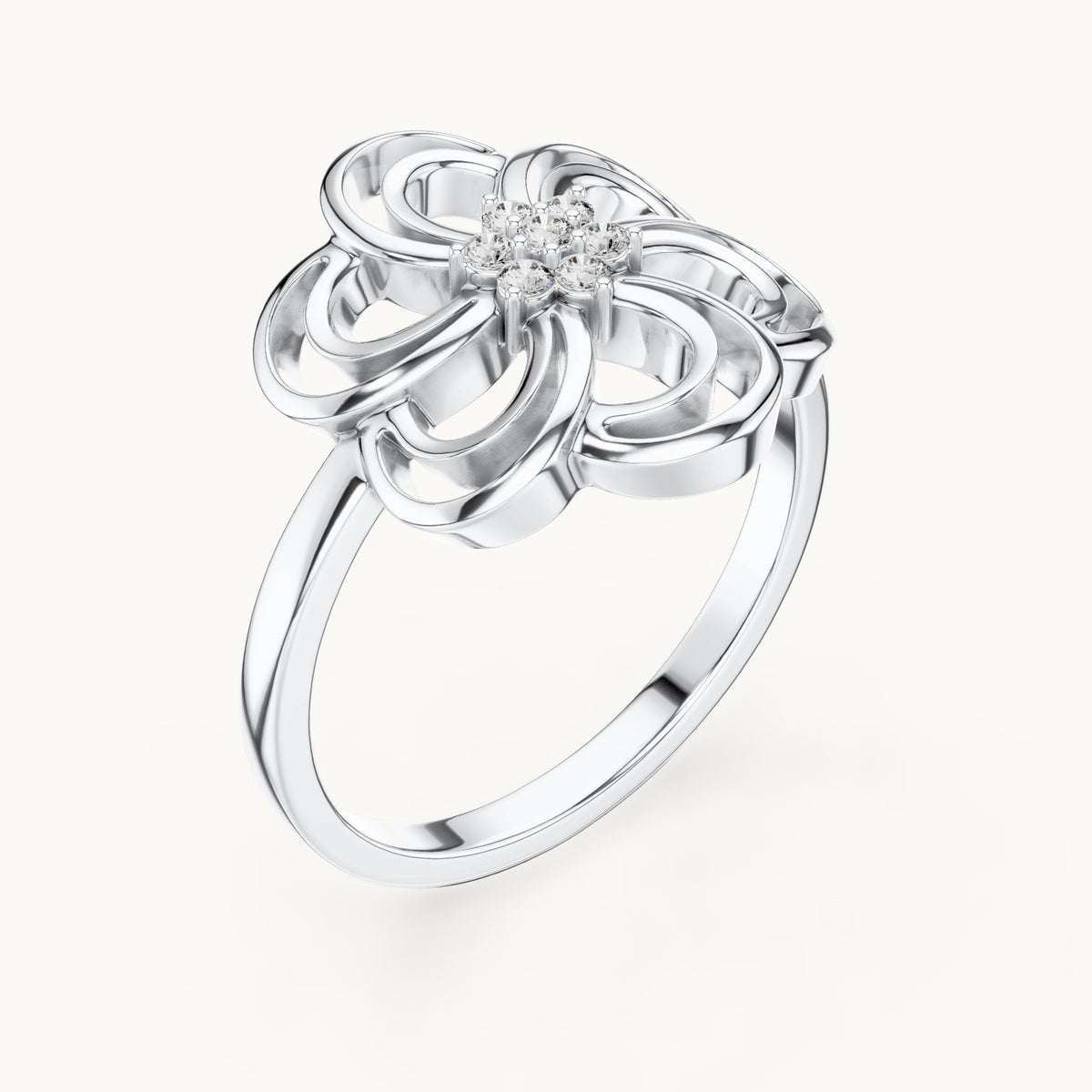 Round lab-grown diamond openwork blossom ring in white gold, 0.072 CT TW, view 2