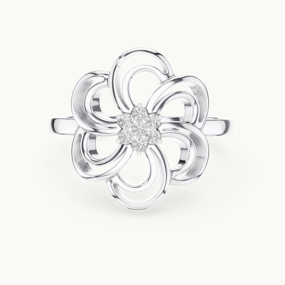 Round lab-grown diamond openwork blossom ring in white gold, 0.072 CT TW, view 4
