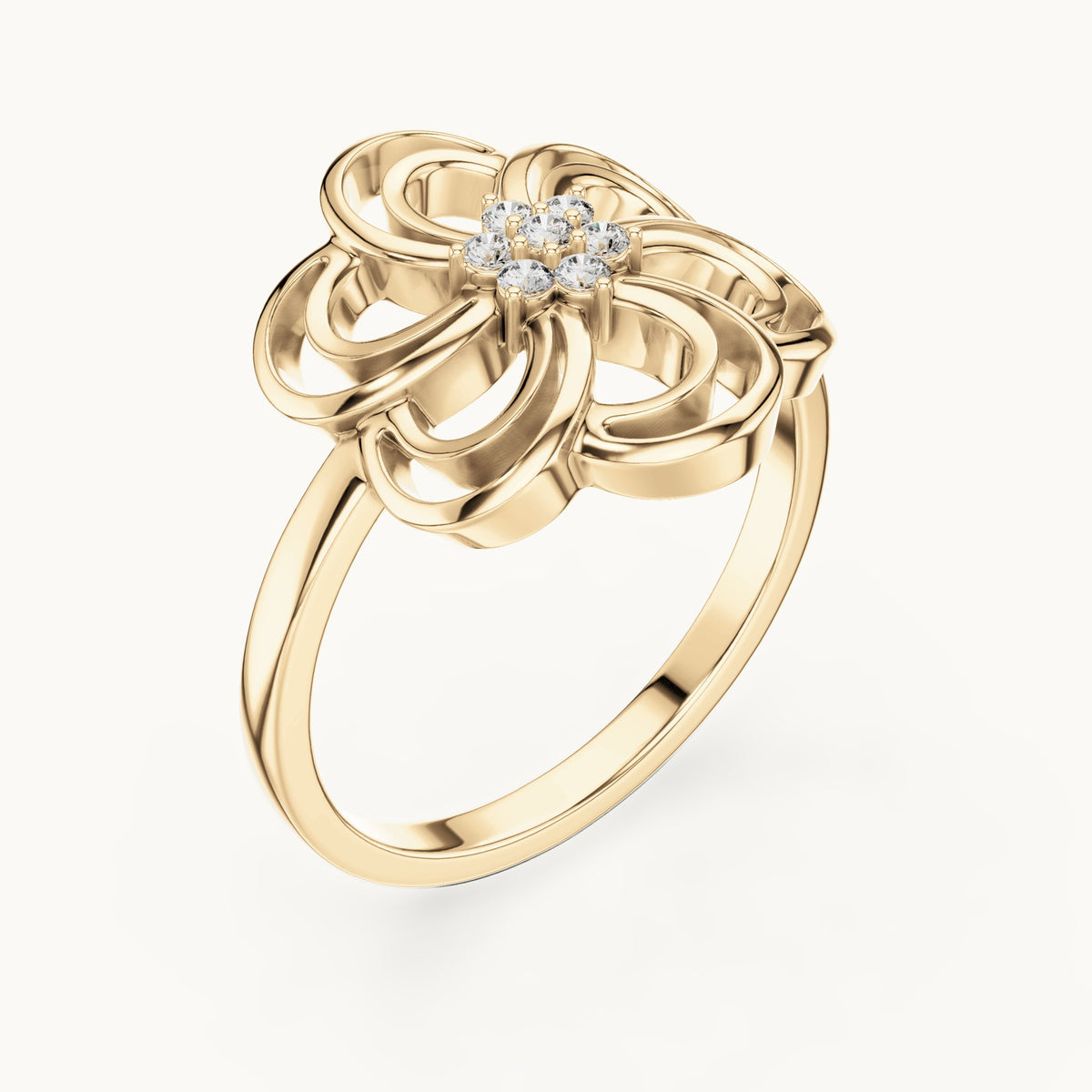 Round lab-grown diamond openwork blossom ring in yellow gold, 0.072 CT TW, view 2