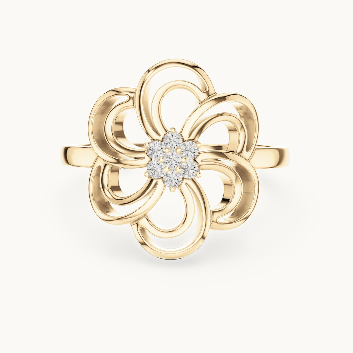 Round lab-grown diamond openwork blossom ring in yellow gold, 0.072 CT TW, view 4