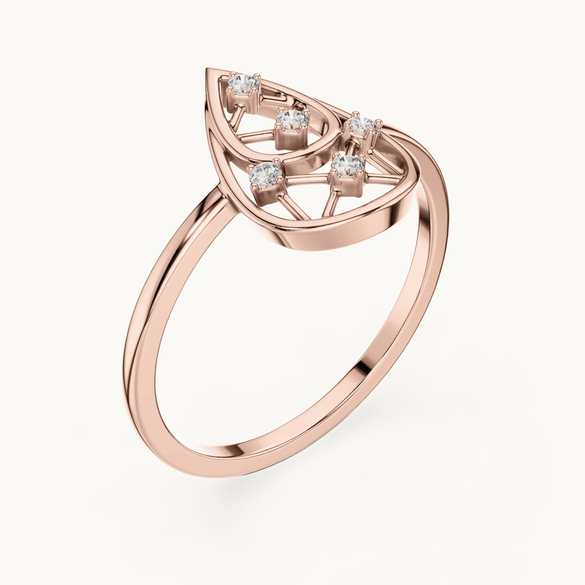 Round lab-grown diamond open teardrop lattice ring in rose gold, 0.050 CT TW, view 2