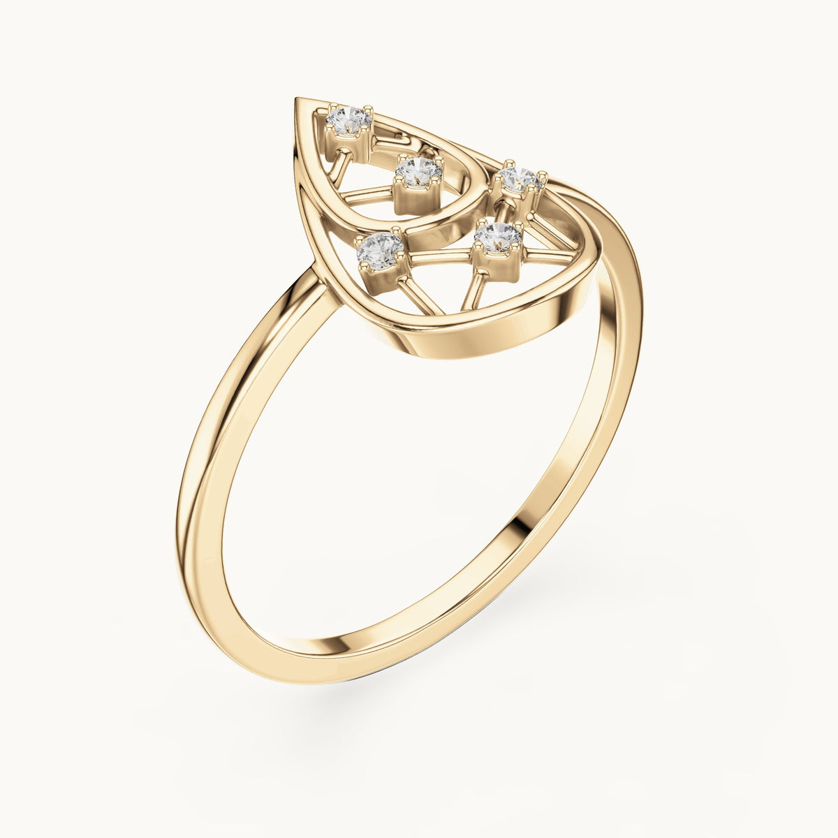 Round lab-grown diamond open teardrop lattice ring in yellow gold, 0.050 CT TW, view 2