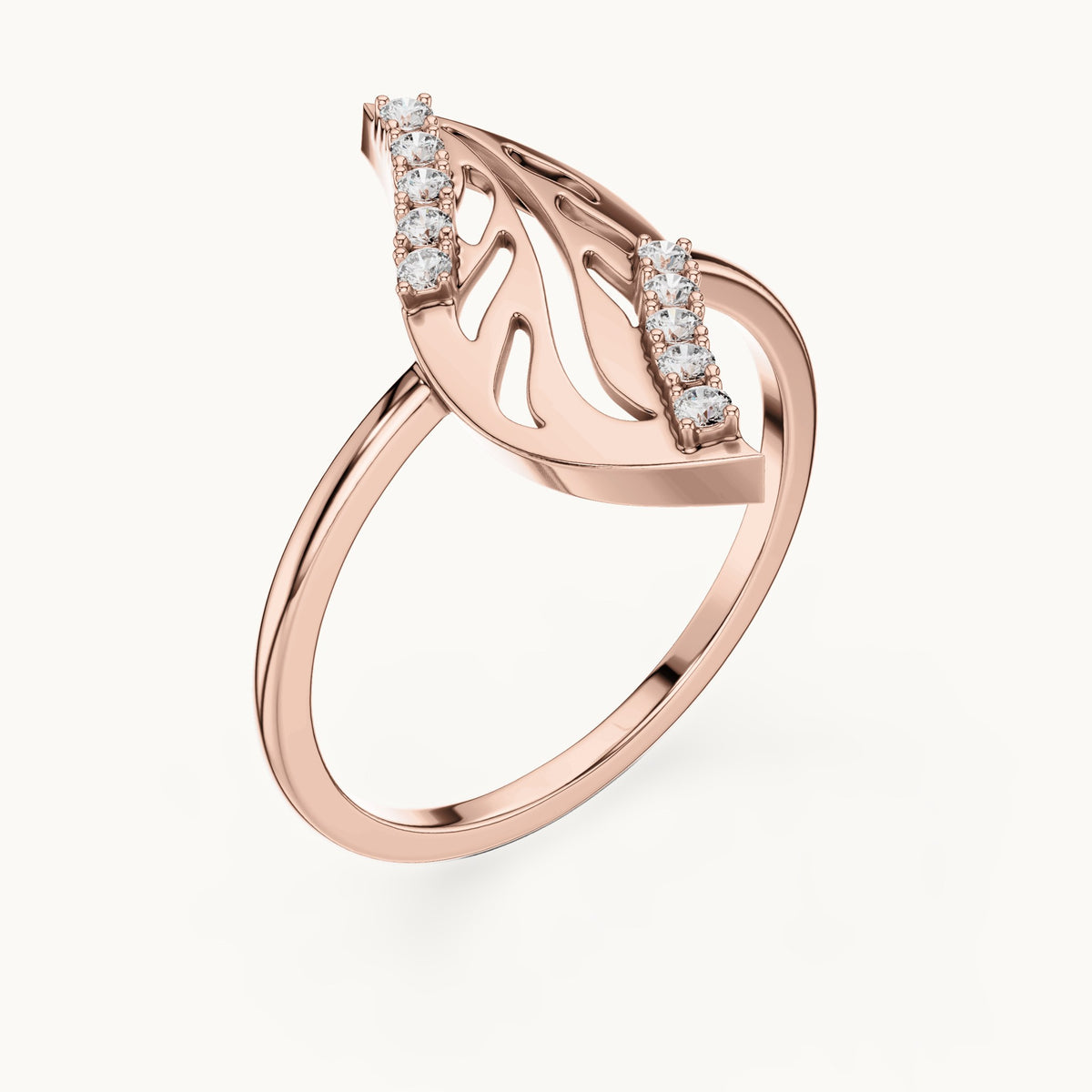 Round lab-grown diamond openwork leaf ring in rose gold, 0.10 CT TW, view 2