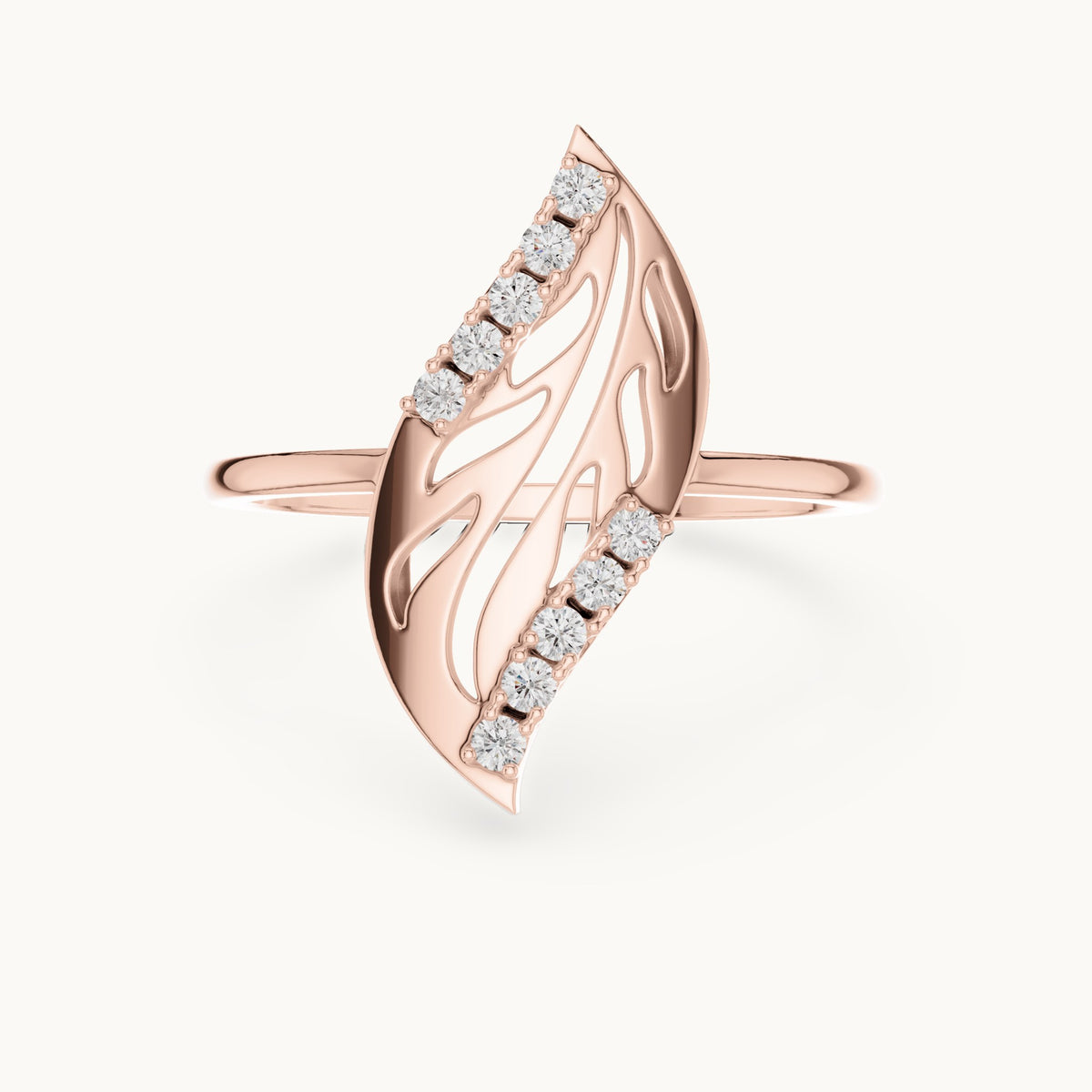 Round lab-grown diamond openwork leaf ring in rose gold, 0.10 CT TW, view 4