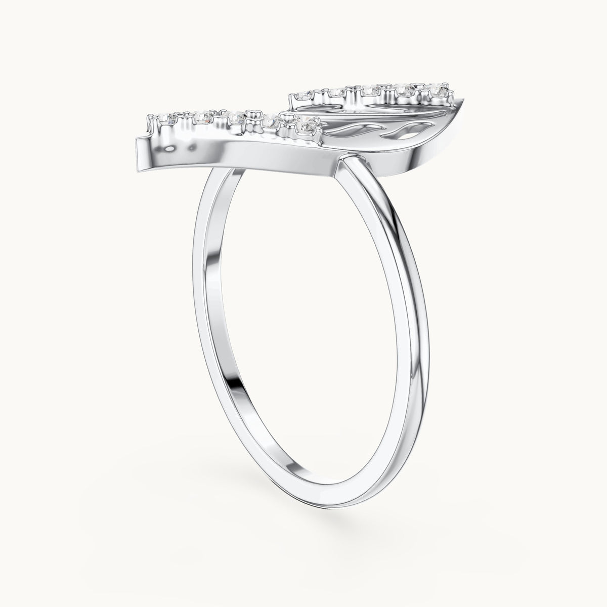 Round lab-grown diamond openwork leaf ring in white gold, 0.10 CT TW, view 1