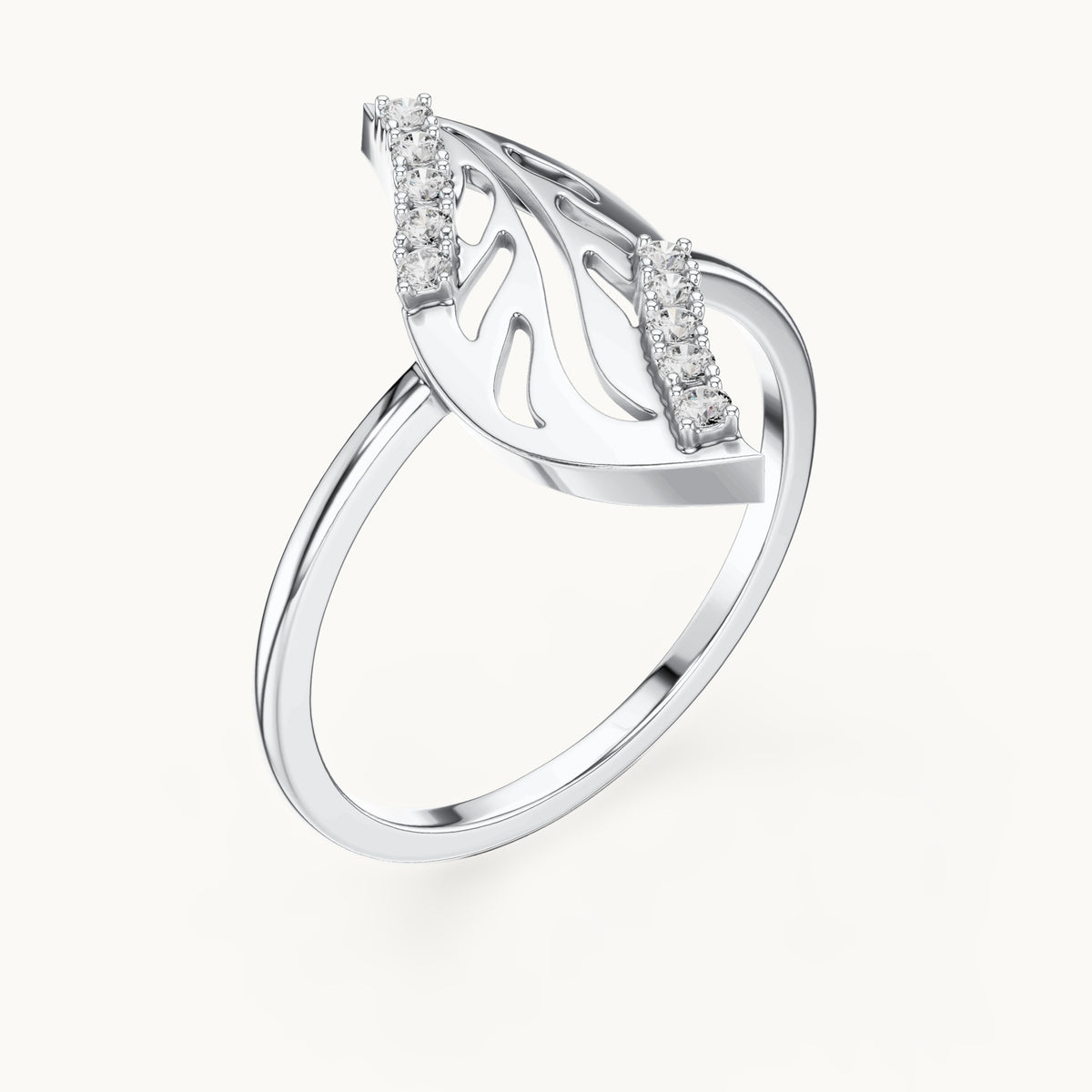 Round lab-grown diamond openwork leaf ring in white gold, 0.10 CT TW, view 2