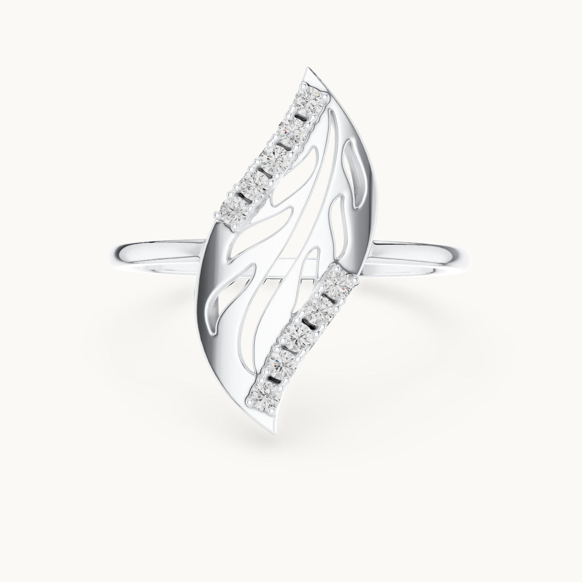 Round lab-grown diamond openwork leaf ring in white gold, 0.10 CT TW, view 4