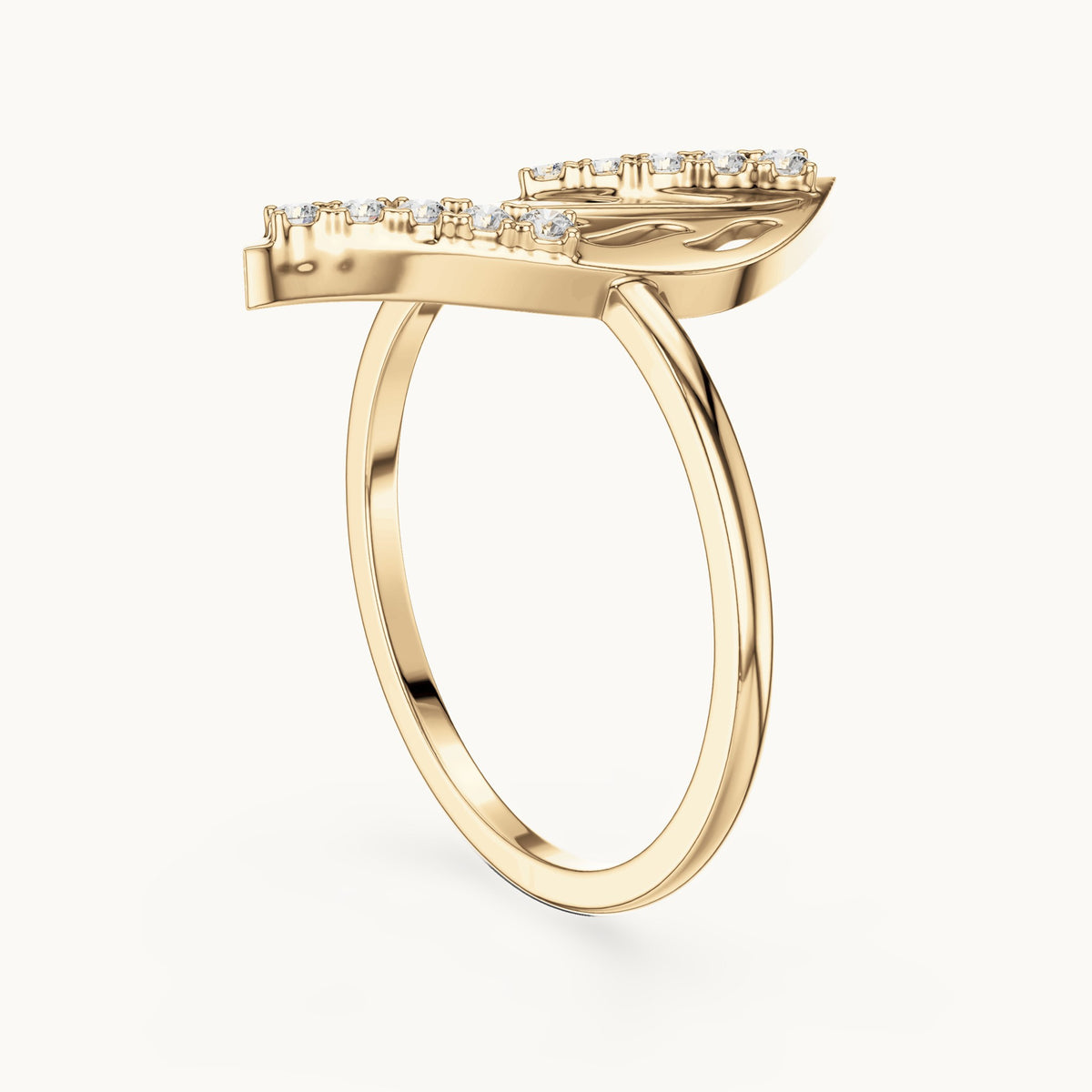 Round lab-grown diamond openwork leaf ring in yellow gold, 0.10 CT TW, view 1