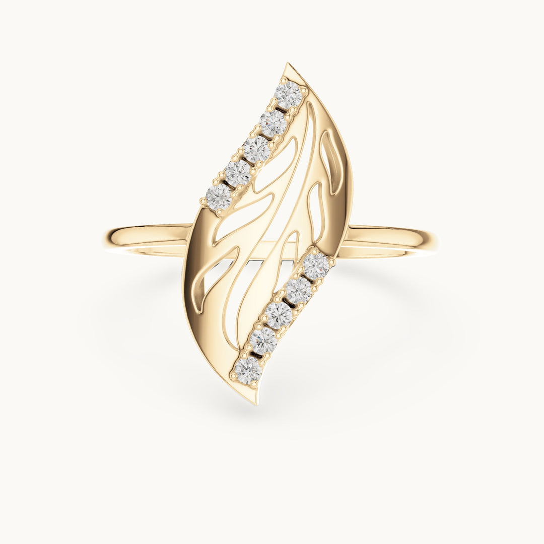 Round lab-grown diamond openwork leaf ring in yellow gold, 0.10 CT TW, view 4