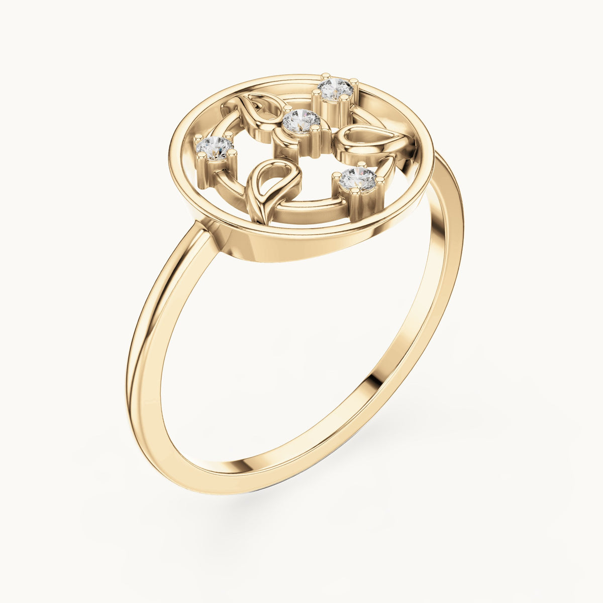 Round lab-grown diamond openwork circle petal ring in yellow gold, 0.060 CT TW, view 2