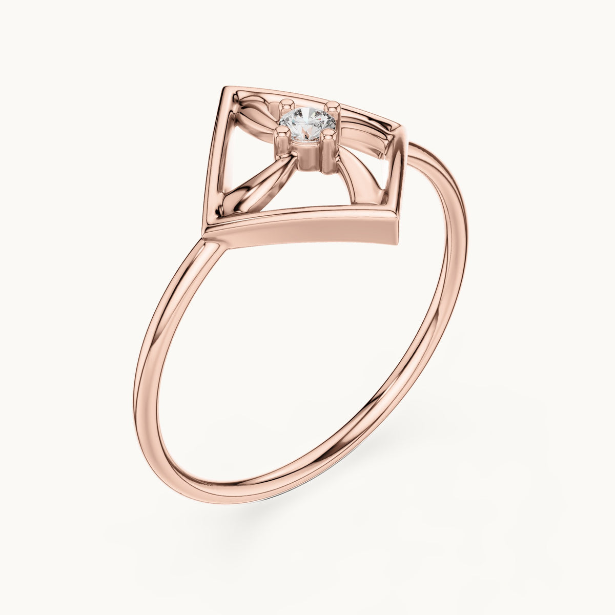 Round lab-grown diamond geometric square pinwheel ring in rose gold, 0.045 CT TW, view 2
