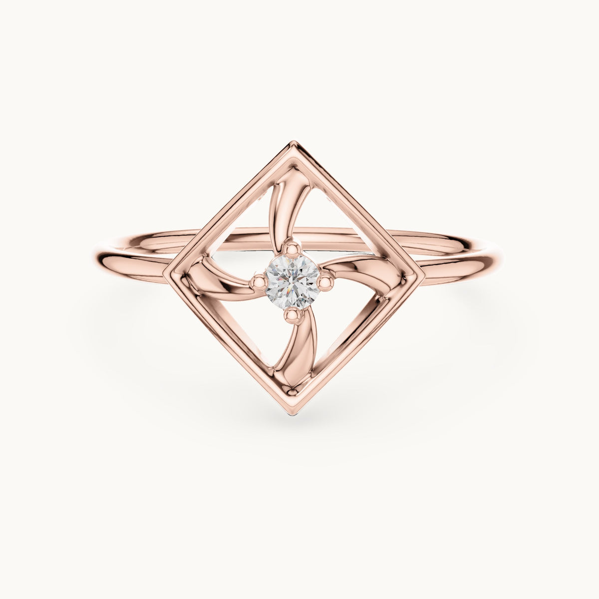 Round lab-grown diamond geometric square pinwheel ring in rose gold, 0.045 CT TW, view 4