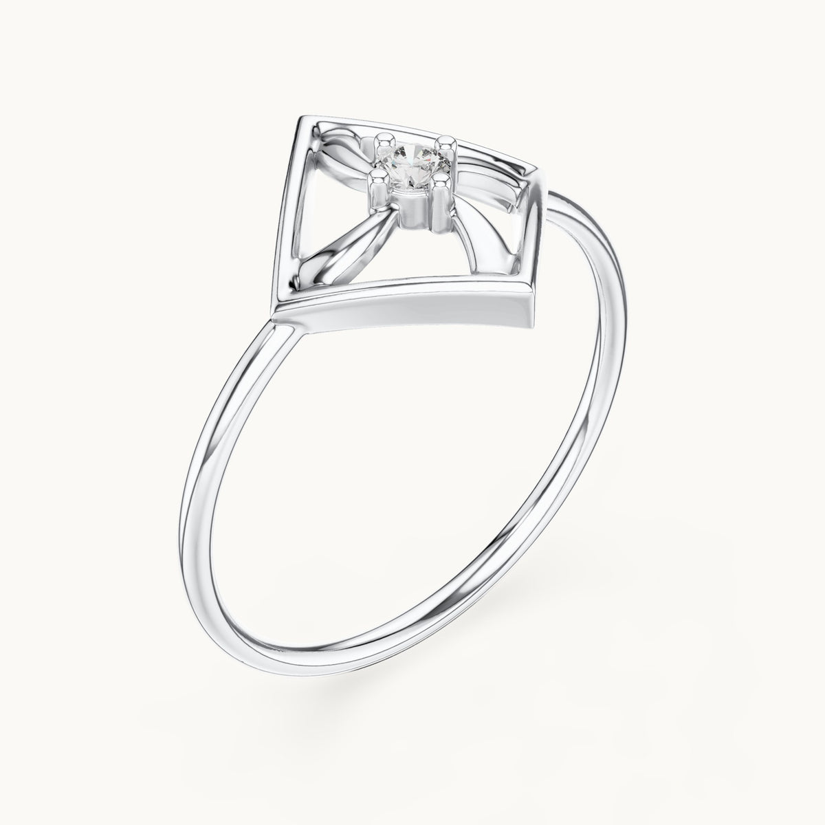 Round lab-grown diamond geometric square pinwheel ring in white gold, 0.045 CT TW, view 2