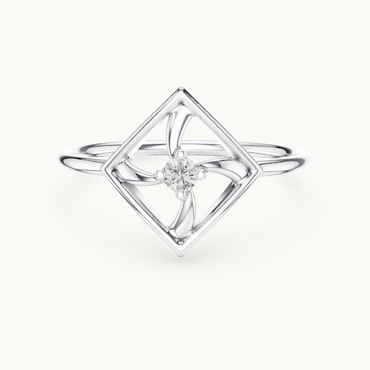 Round lab-grown diamond geometric square pinwheel ring in white gold, 0.045 CT TW, view 4
