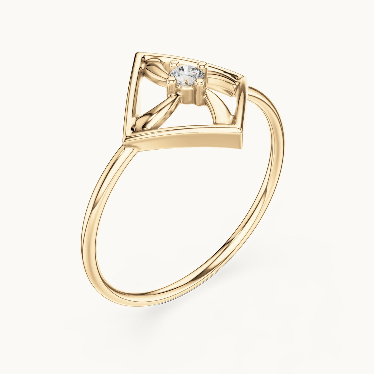 Round lab-grown diamond geometric square pinwheel ring in yellow gold, 0.045 CT TW, view 2