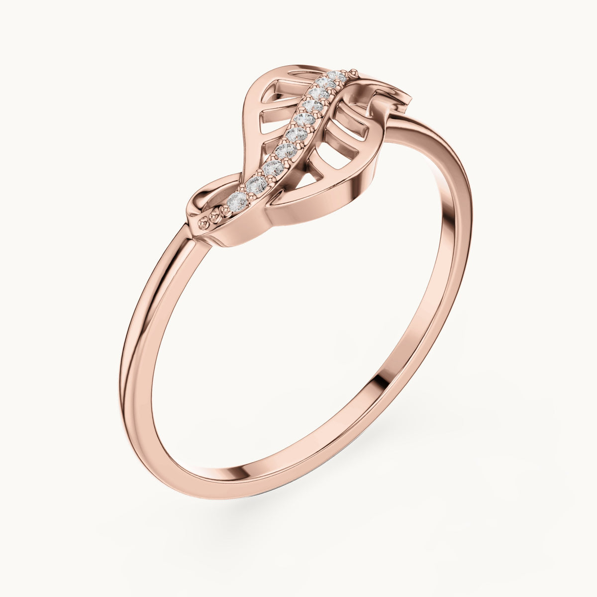 Round lab-grown diamond leaf swirl ring in rose gold, 0.04 CT TW, view 2