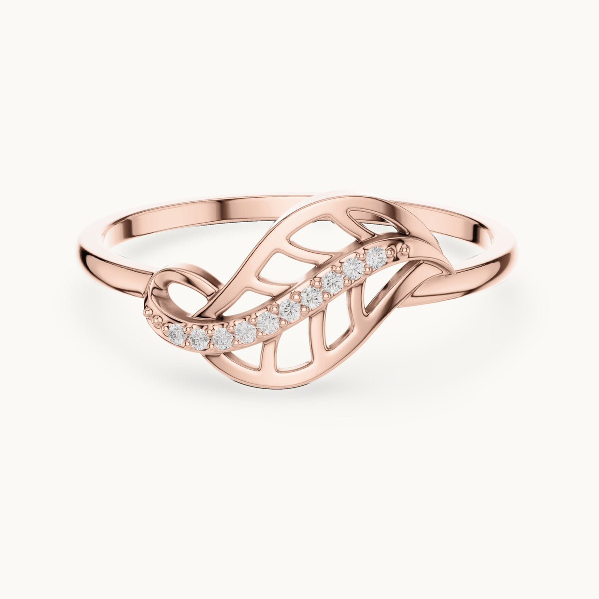 Round lab-grown diamond leaf swirl ring in rose gold, 0.04 CT TW, view 4