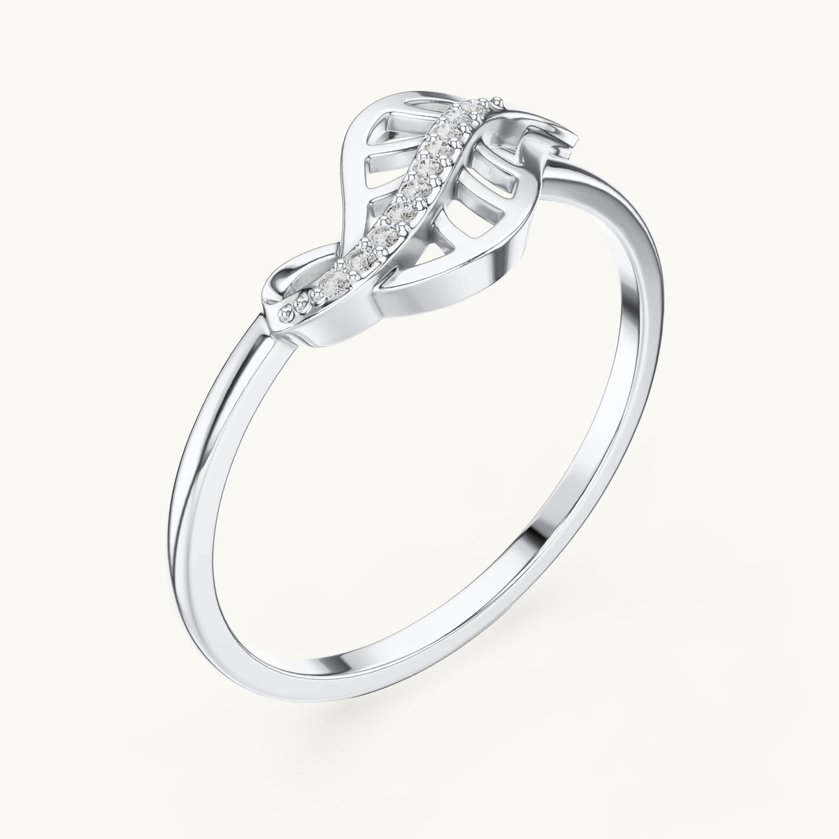 Round lab-grown diamond leaf swirl ring in white gold, 0.04 CT TW, view 2