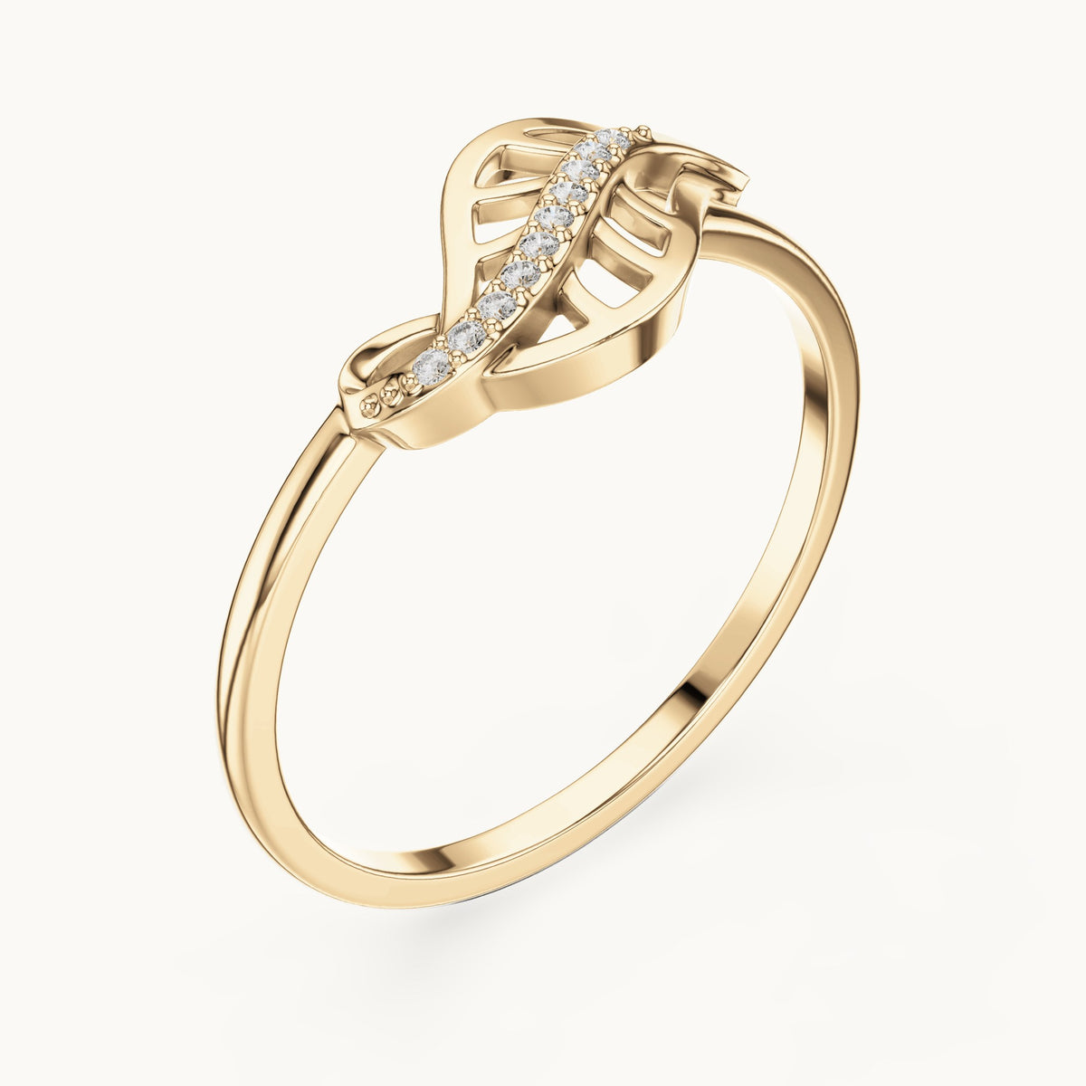 Round lab-grown diamond leaf swirl ring in yellow gold, 0.04 CT TW, view 2