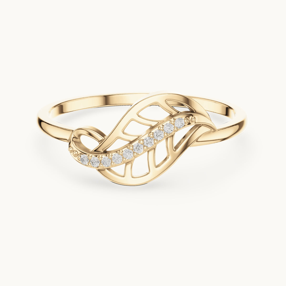 Round lab-grown diamond leaf swirl ring in yellow gold, 0.04 CT TW, view 4