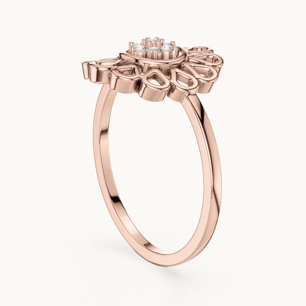 Round lab-grown diamond openwork petal flower cluster ring in rose gold, 0.072 CT TW, view 1
