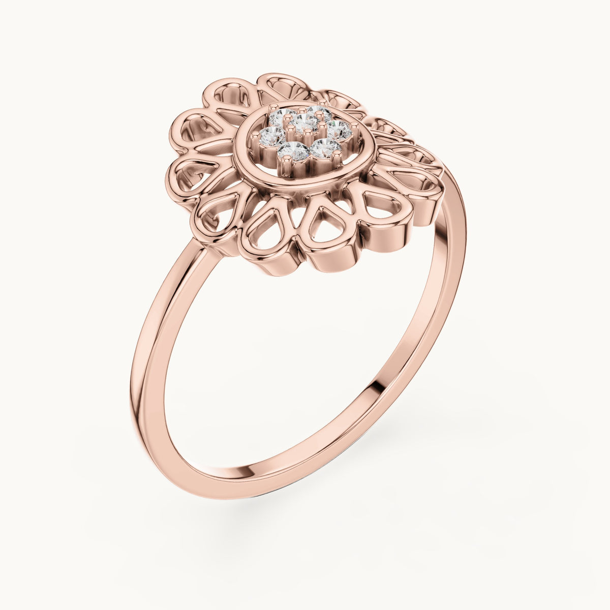 Round lab-grown diamond openwork petal flower cluster ring in rose gold, 0.072 CT TW, view 2