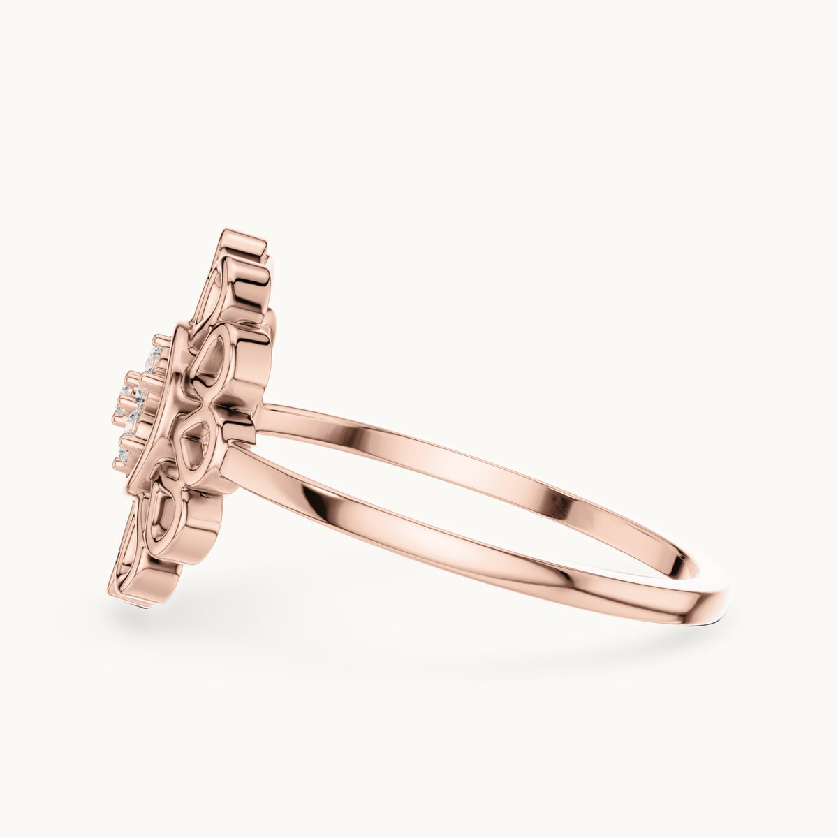 Round lab-grown diamond openwork petal flower cluster ring in rose gold, 0.072 CT TW, view 3