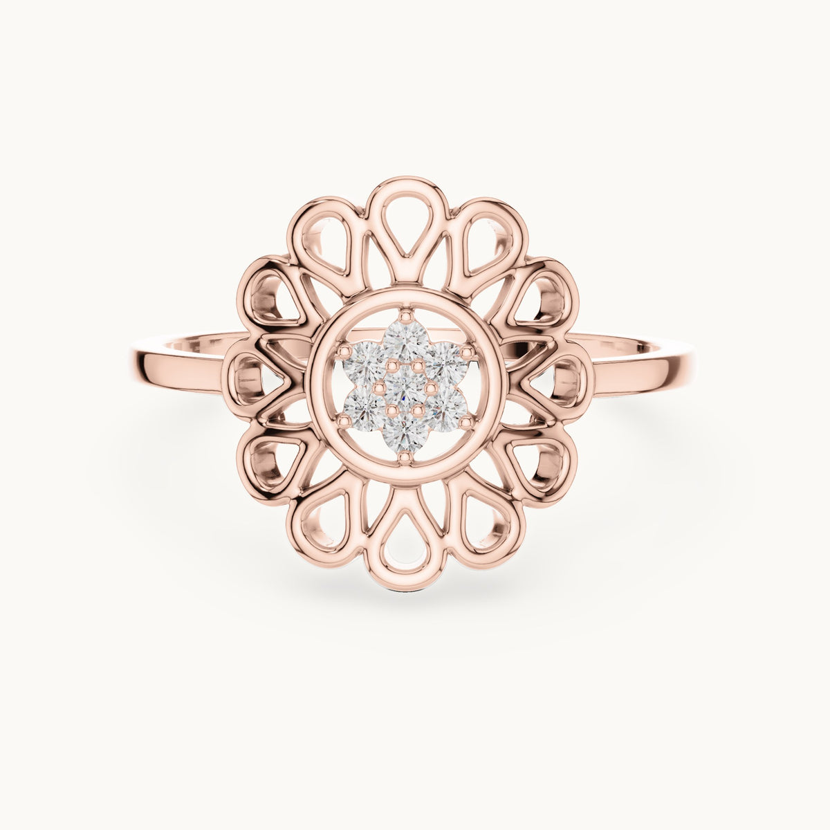 Round lab-grown diamond openwork petal flower cluster ring in rose gold, 0.072 CT TW, view 4