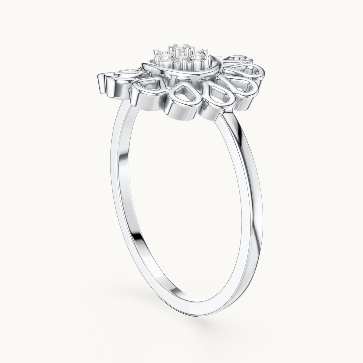 Round lab-grown diamond openwork petal flower cluster ring in white gold, 0.072 CT TW, view 1