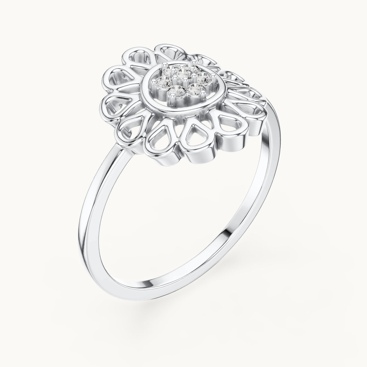 Round lab-grown diamond openwork petal flower cluster ring in white gold, 0.072 CT TW, view 2