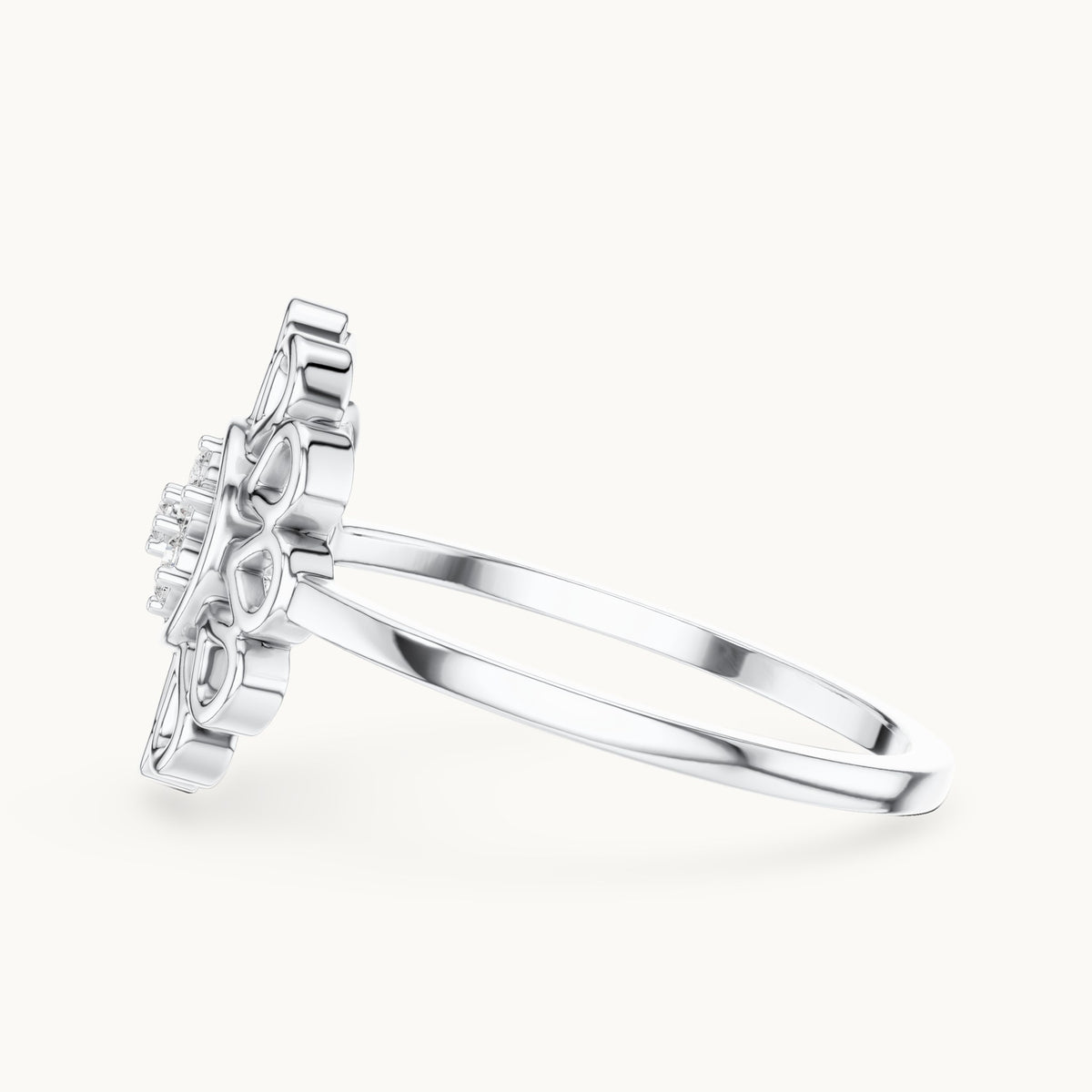 Round lab-grown diamond openwork petal flower cluster ring in white gold, 0.072 CT TW, view 3
