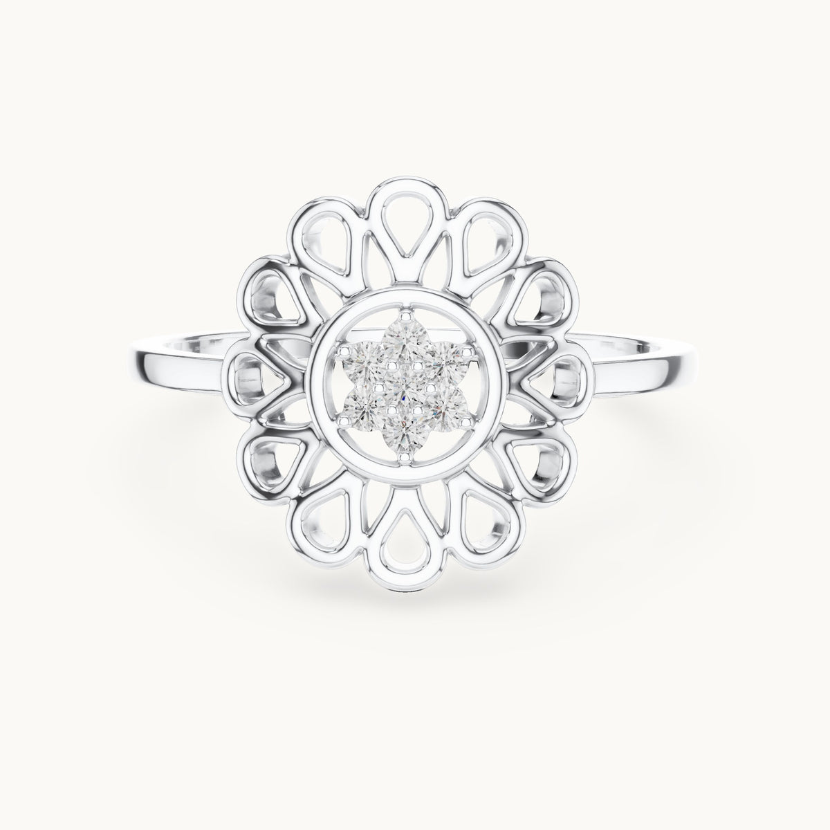 Round lab-grown diamond openwork petal flower cluster ring in white gold, 0.072 CT TW, view 4