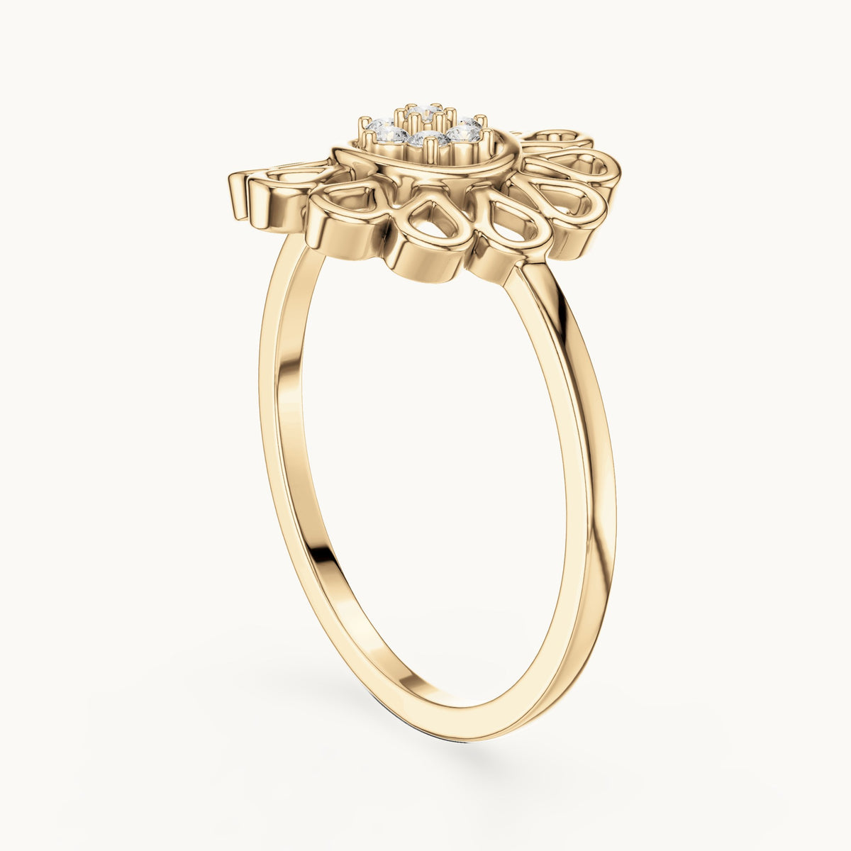Round lab-grown diamond openwork petal flower cluster ring in yellow gold, 0.072 CT TW, view 1