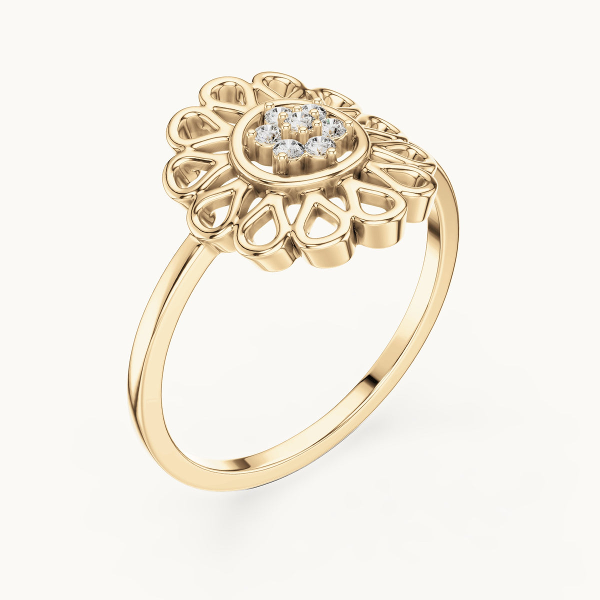 Round lab-grown diamond openwork petal flower cluster ring in yellow gold, 0.072 CT TW, view 2