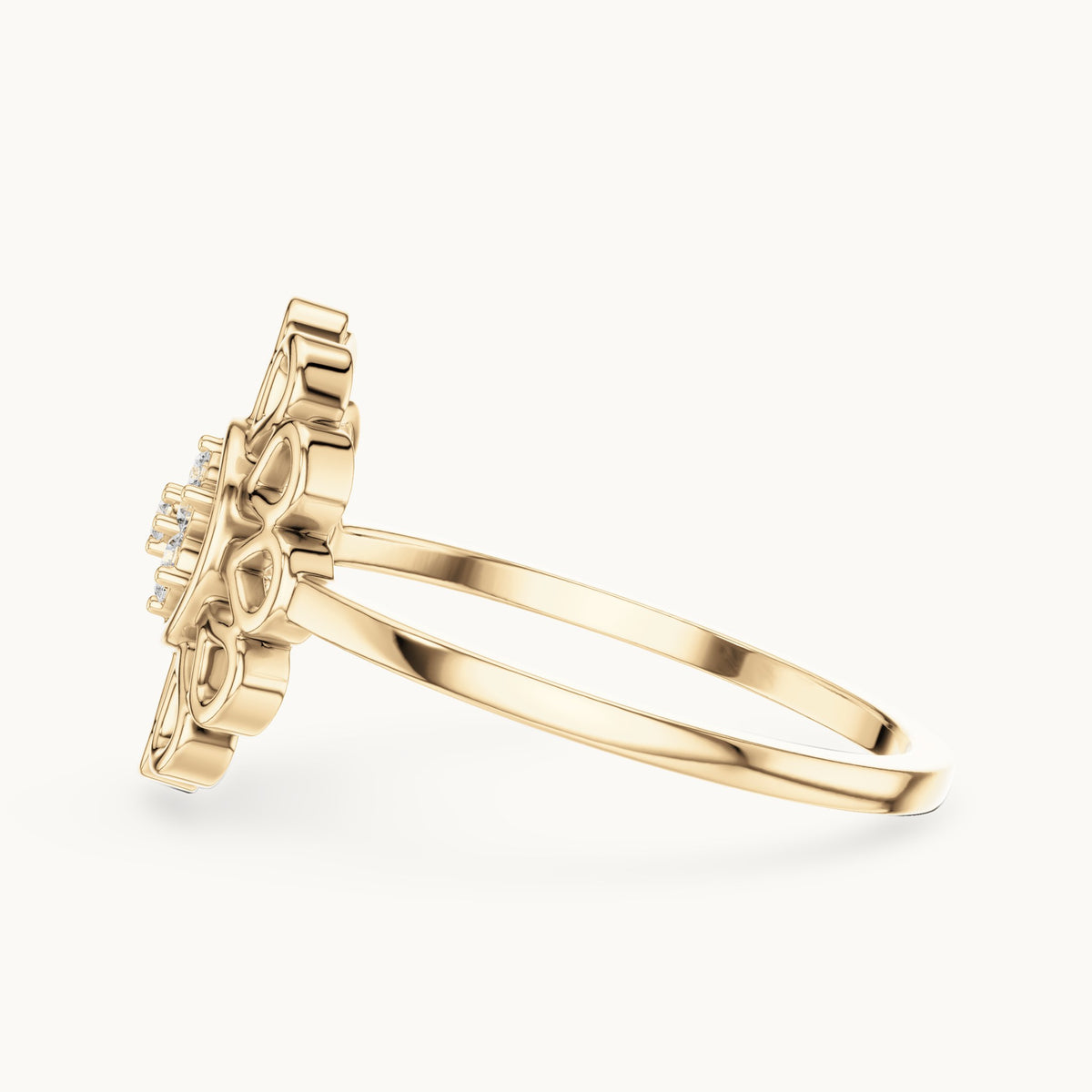 Round lab-grown diamond openwork petal flower cluster ring in yellow gold, 0.072 CT TW, view 3