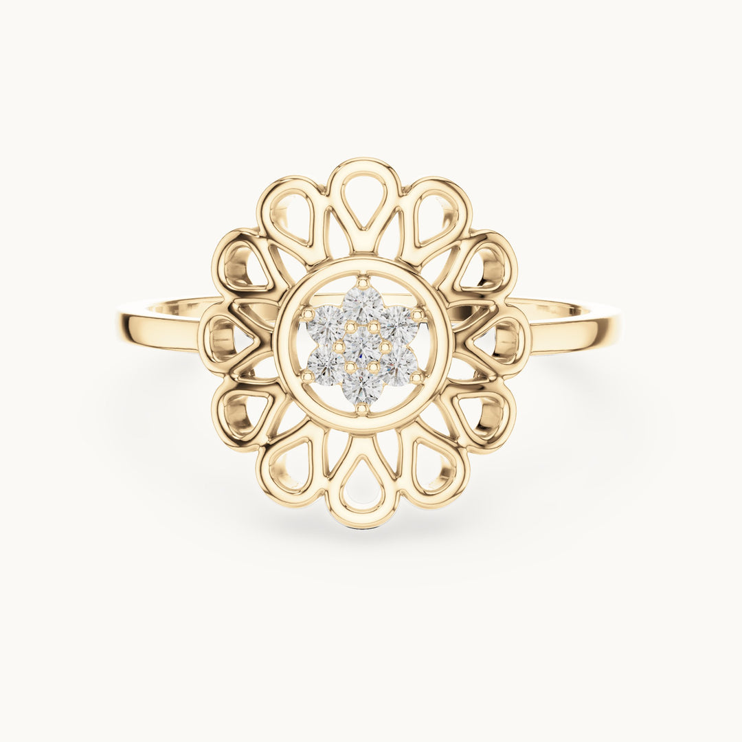 Round lab-grown diamond openwork petal flower cluster ring in yellow gold, 0.072 CT TW, view 4