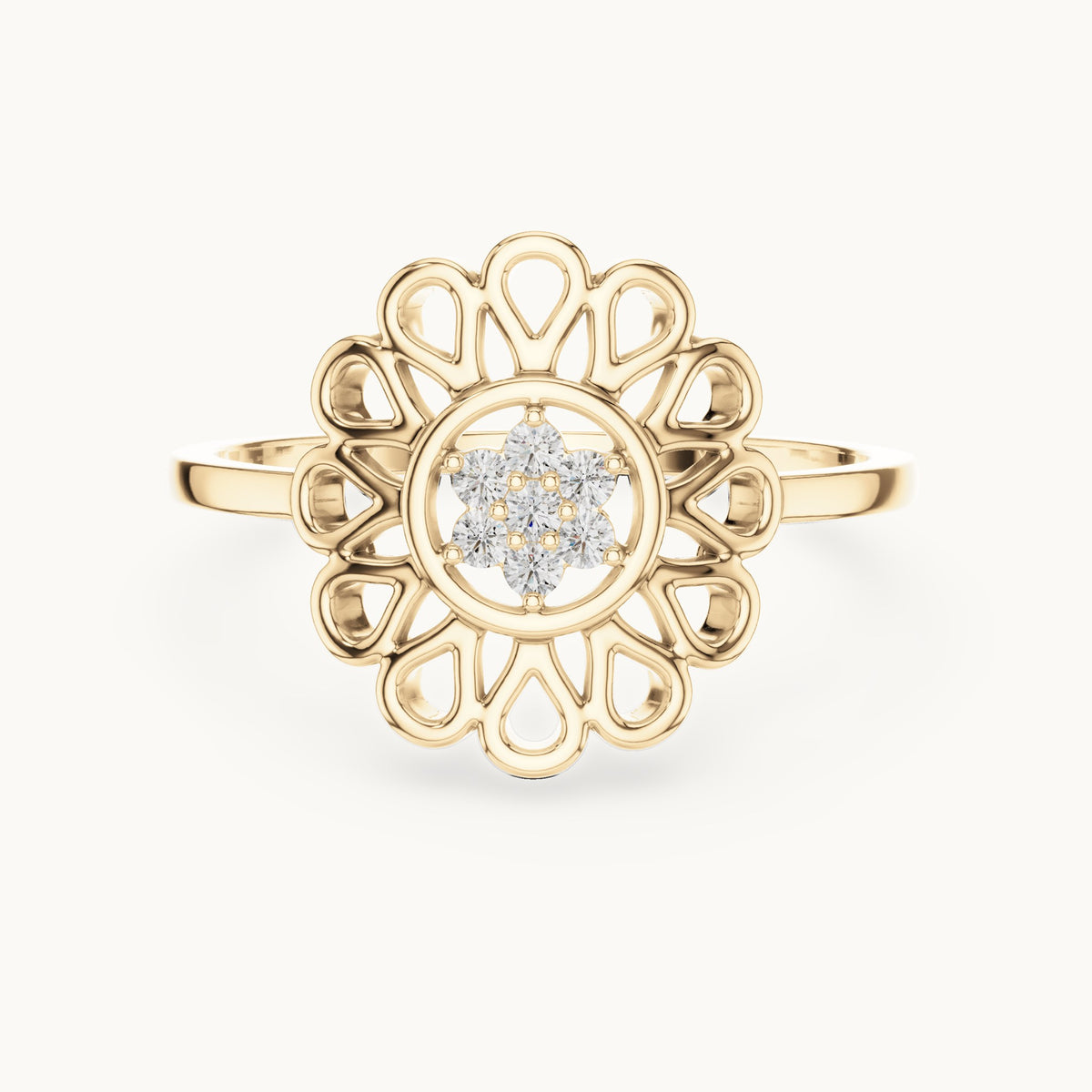 Round lab-grown diamond openwork petal flower cluster ring in yellow gold, 0.072 CT TW, view 4