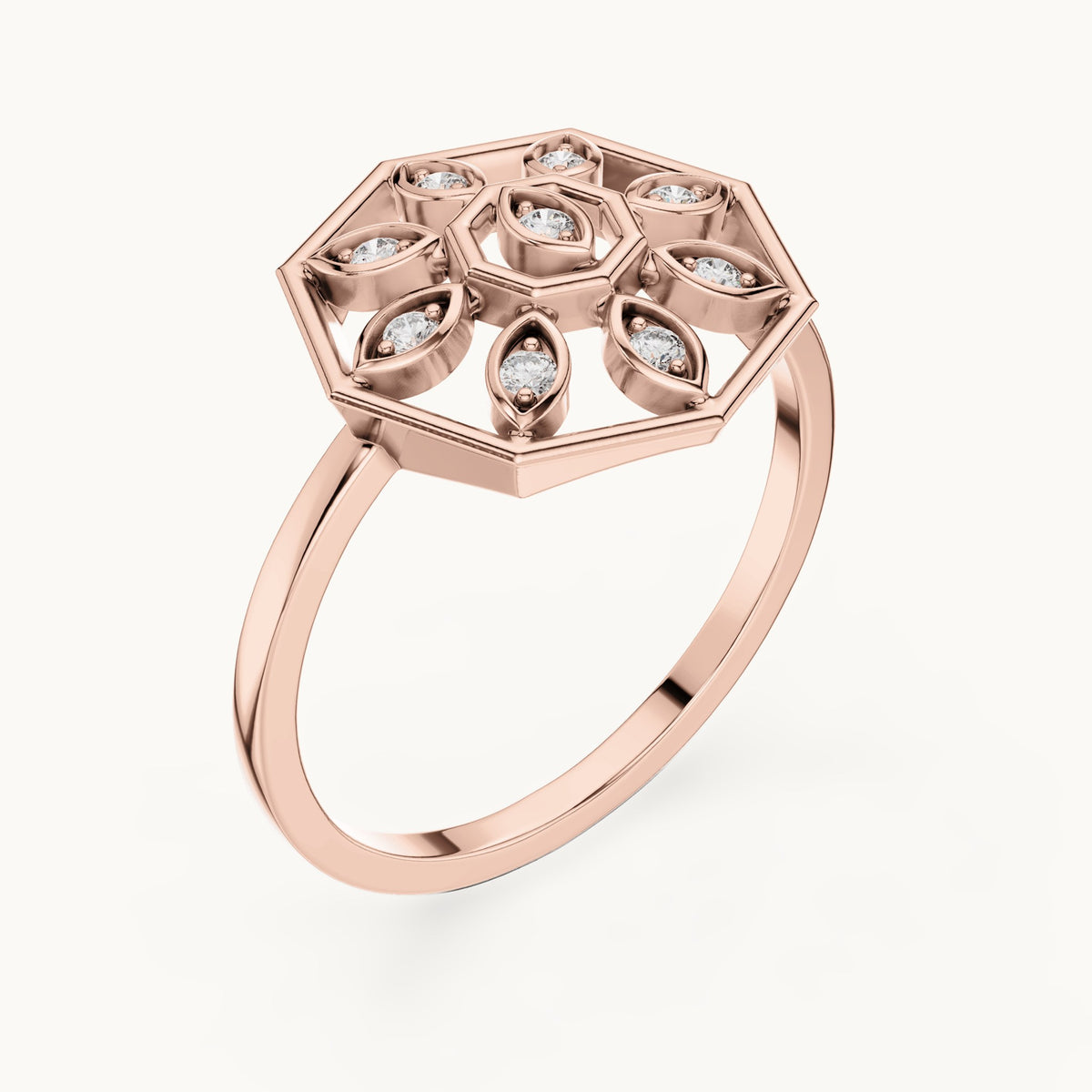 Round lab-grown diamond octagon medallion ring in rose gold, 0.09 CT TW, view 2