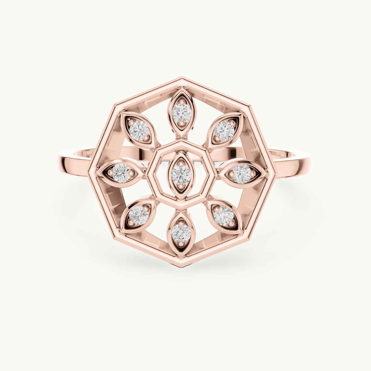 Round lab-grown diamond octagon medallion ring in rose gold, 0.09 CT TW, view 4