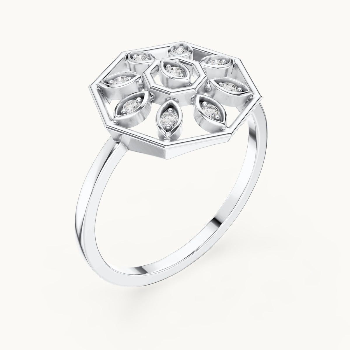 Round lab-grown diamond octagon medallion ring in white gold, 0.09 CT TW, view 2