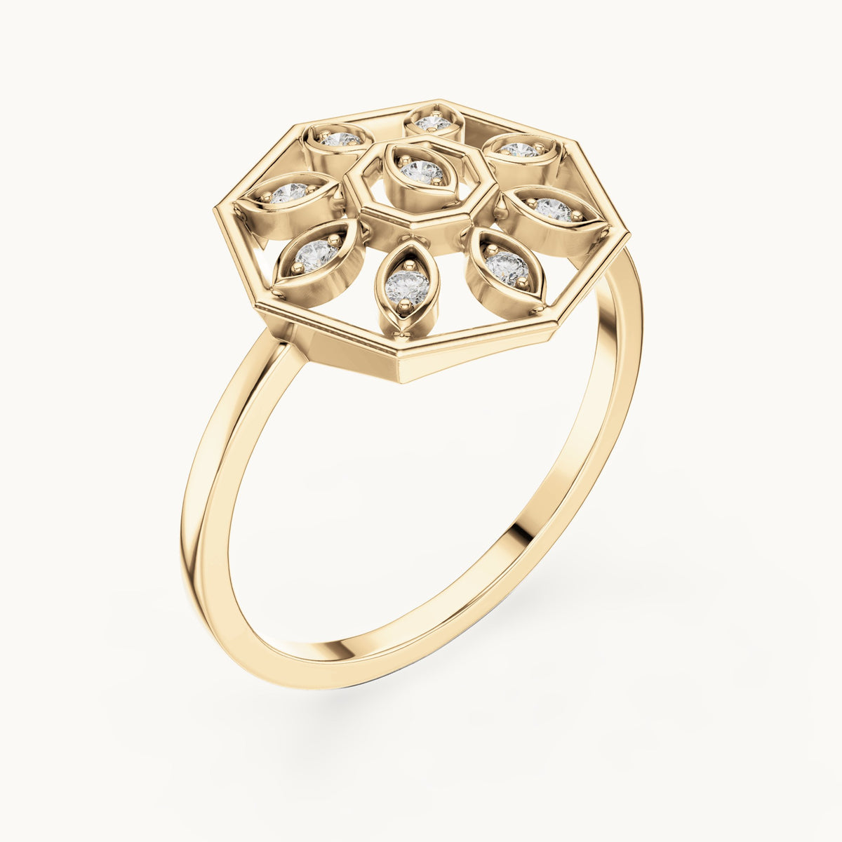 Round lab-grown diamond octagon medallion ring in yellow gold, 0.09 CT TW, view 2