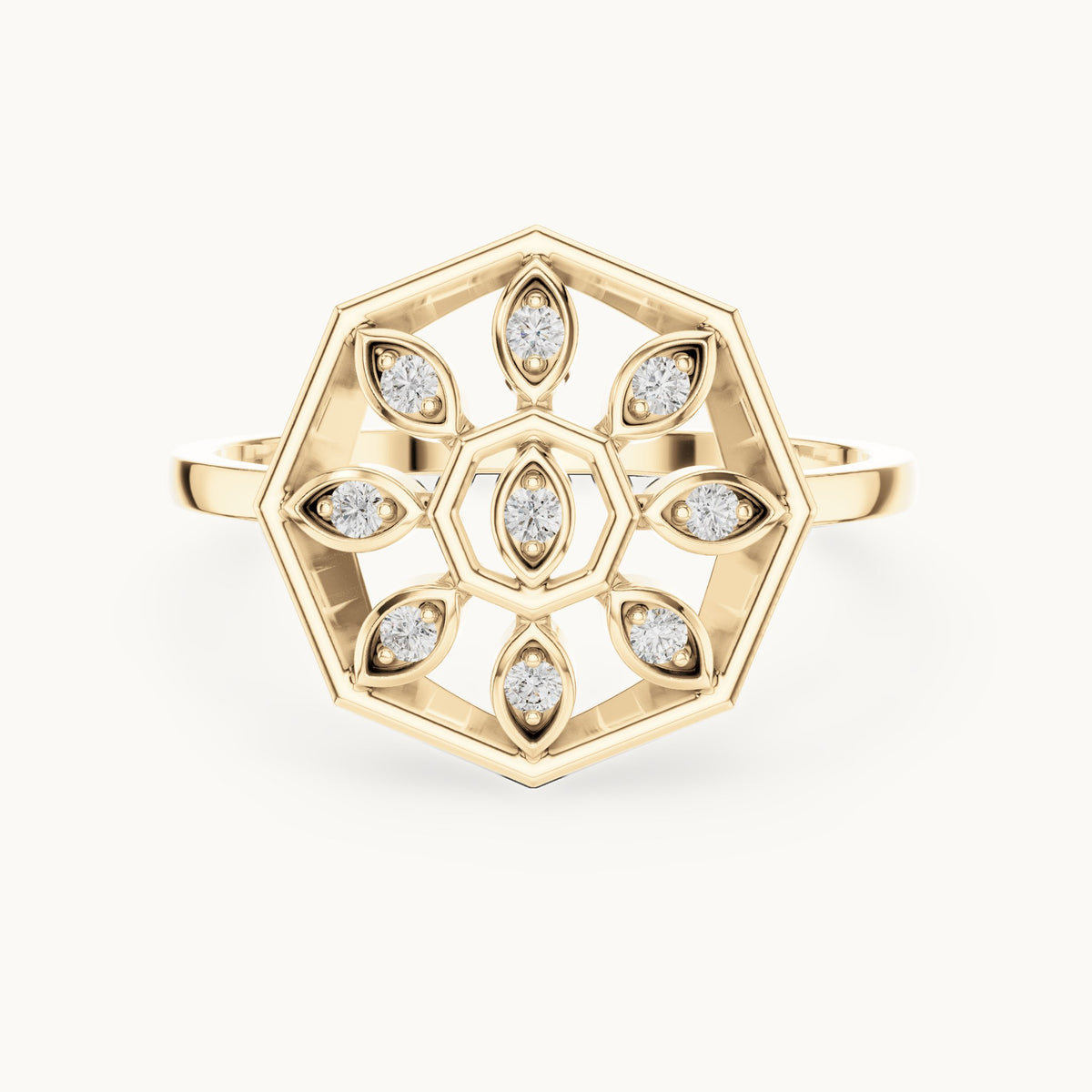 Round lab-grown diamond octagon medallion ring in yellow gold, 0.09 CT TW, view 4