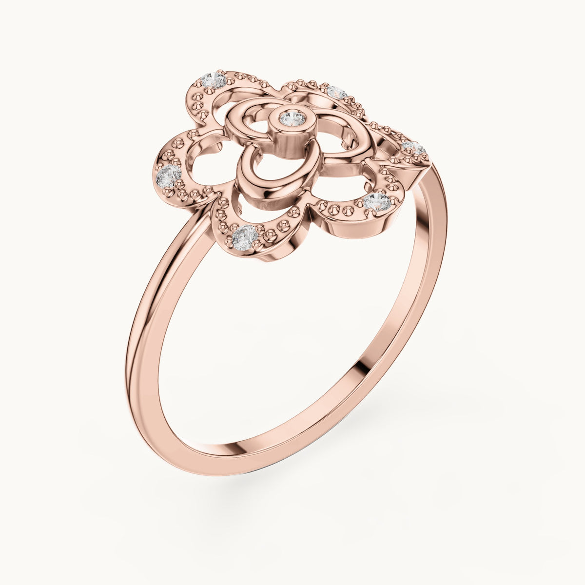 Round lab-grown diamond openwork quatrefoil flower ring in rose gold, 0.068 CT TW, view 2