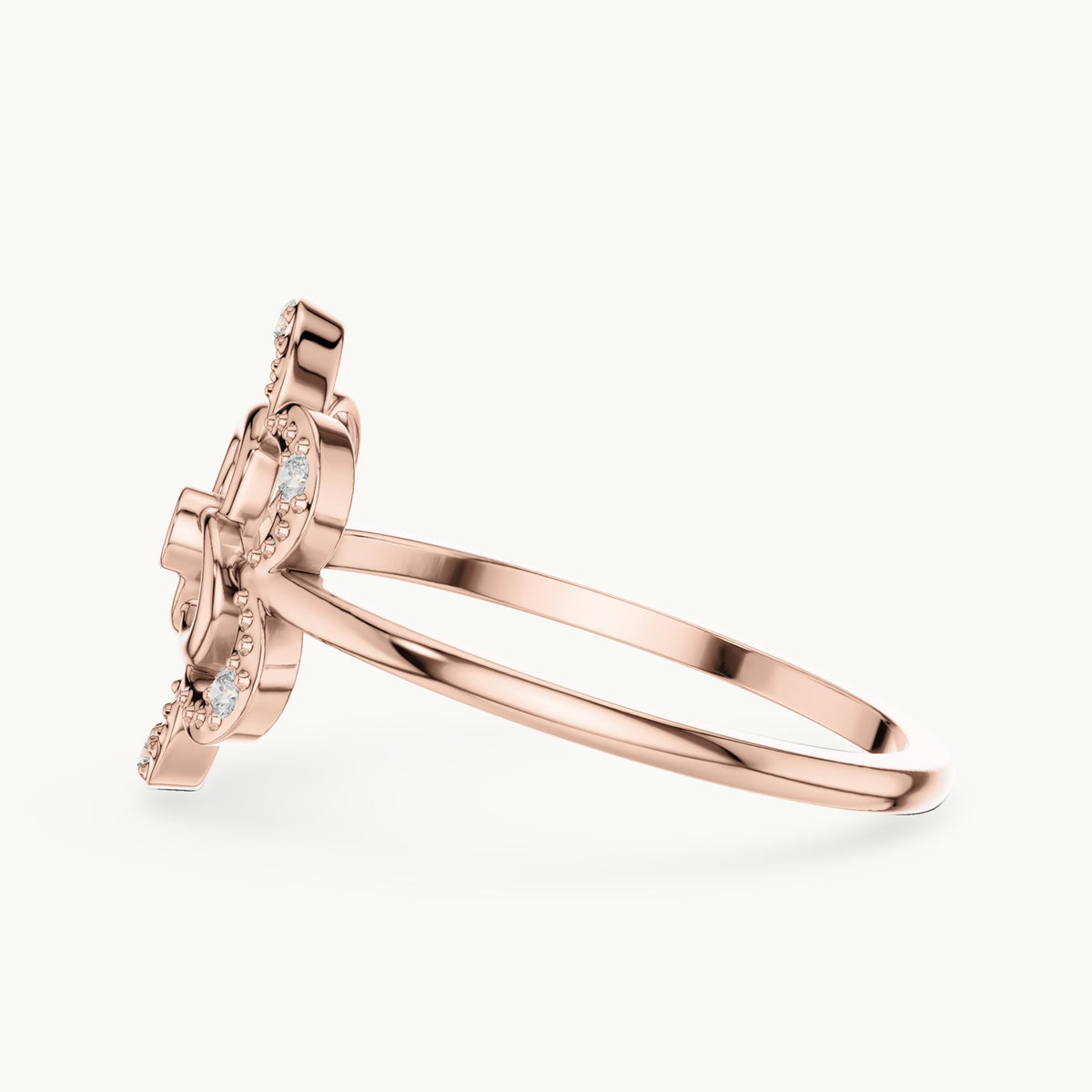 Round lab-grown diamond openwork quatrefoil flower ring in rose gold, 0.068 CT TW, view 3